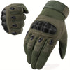 A pair of olive green tactical full finger gloves shown from the back and side.