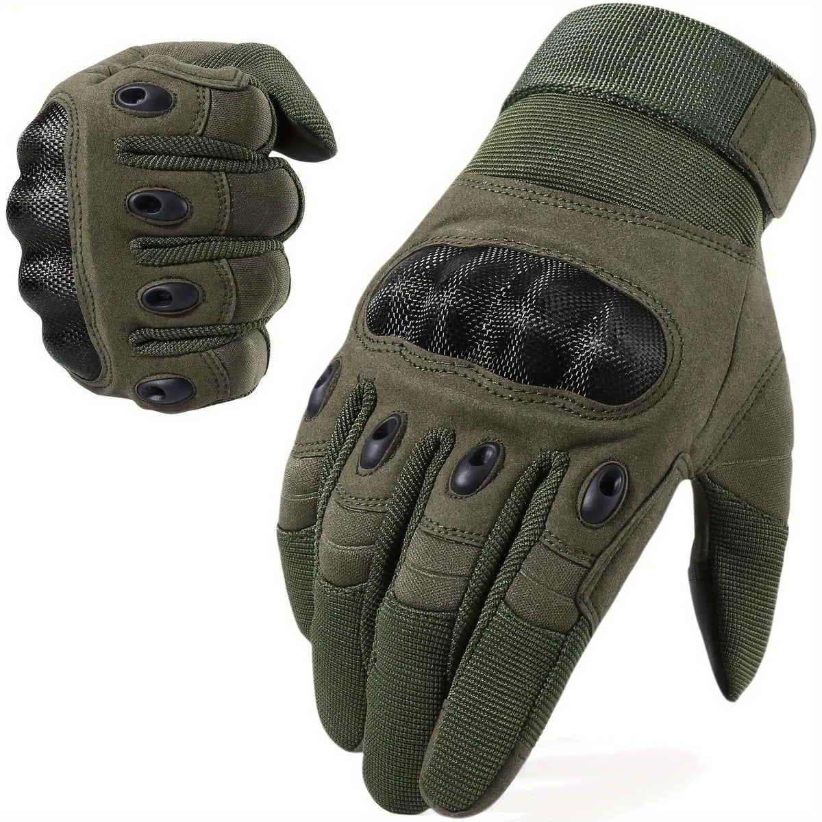 A pair of olive green tactical full finger gloves shown from the back and side.