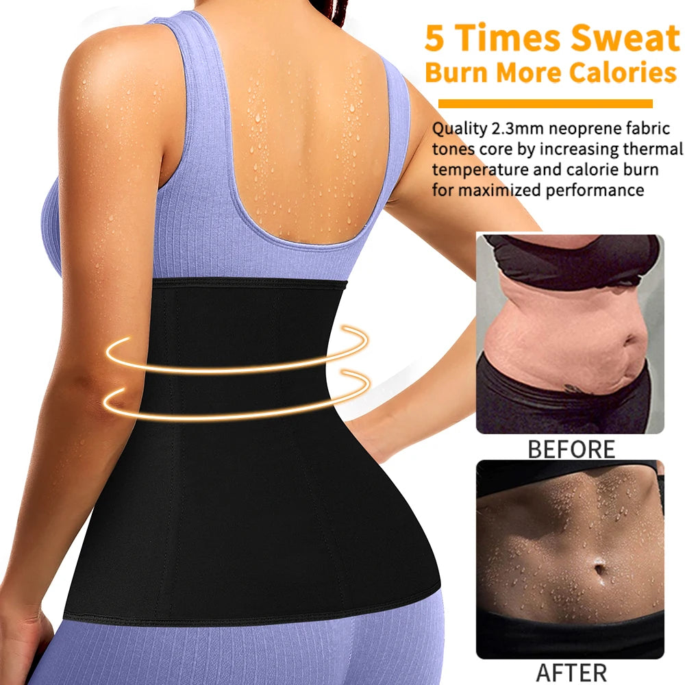 A woman wearing a black body shaping waist trainer corset on her torso, showing before and after results.