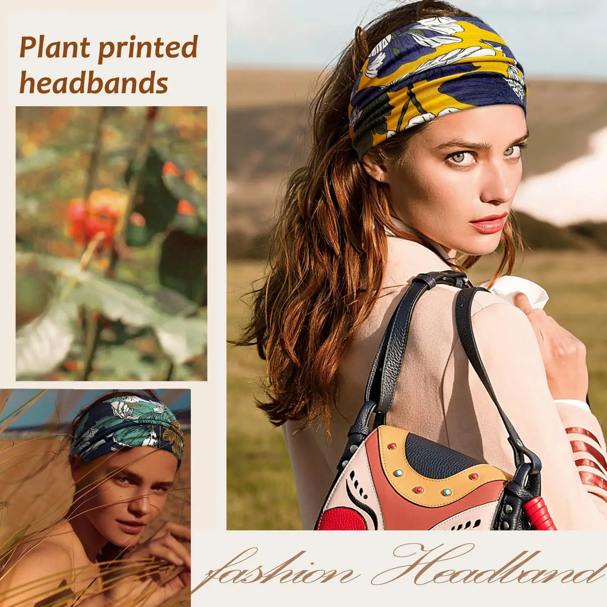 Une femme portant un bandeau en tissu à motifs, en extérieur, avec des gros plans du produit.