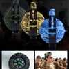 A black collapsible silicone camping kettle is shown in various camouflage patterns.