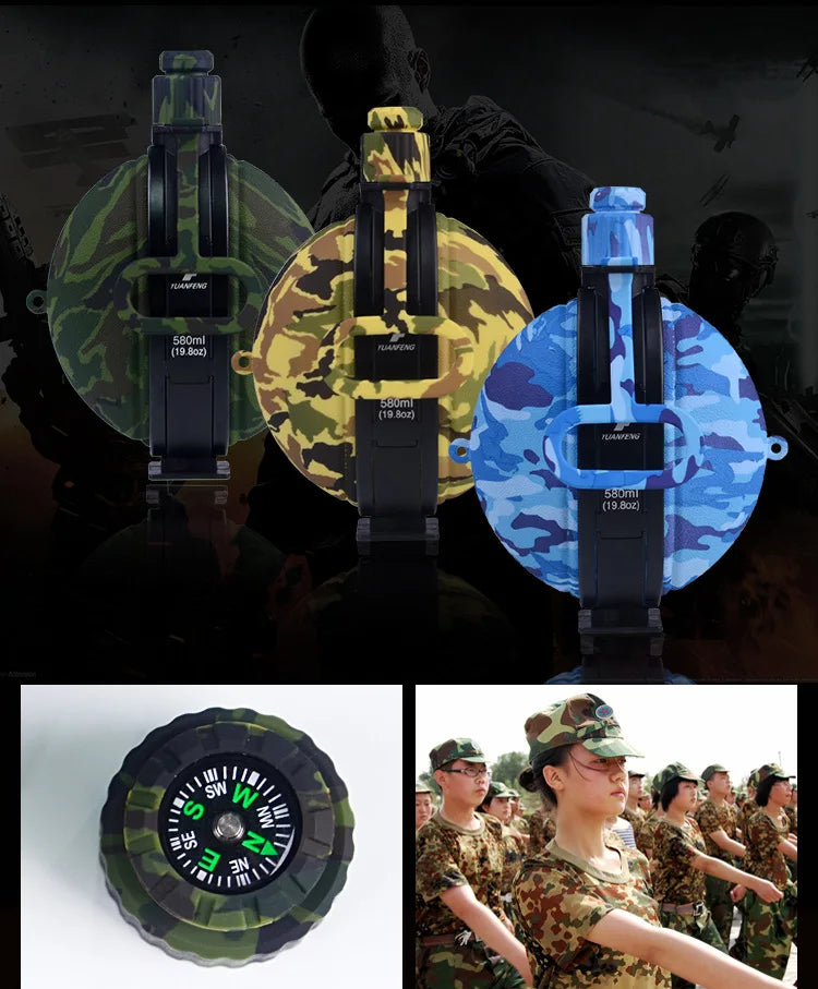 A black collapsible silicone camping kettle is shown in various camouflage patterns.