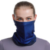 A woman wearing a dark blue seamless fabric balaclava or neck gaiter.
