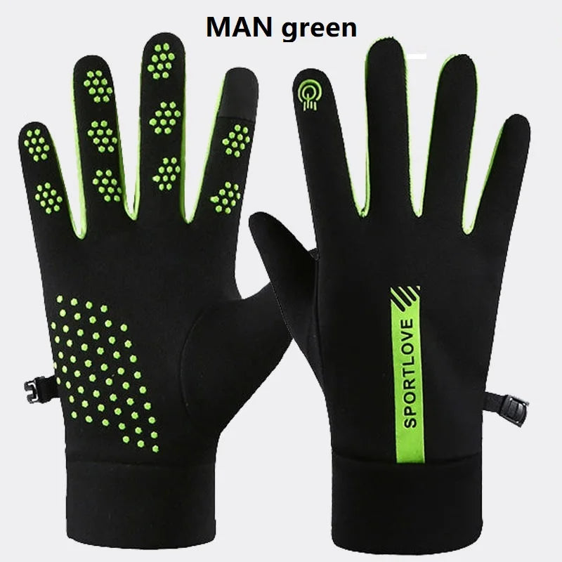 A pair of MAN green thermal cycling and running gloves shown against a white background.