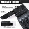Black adjustable quick fit tactical gloves showing the nylon loop and TPR hook fastener