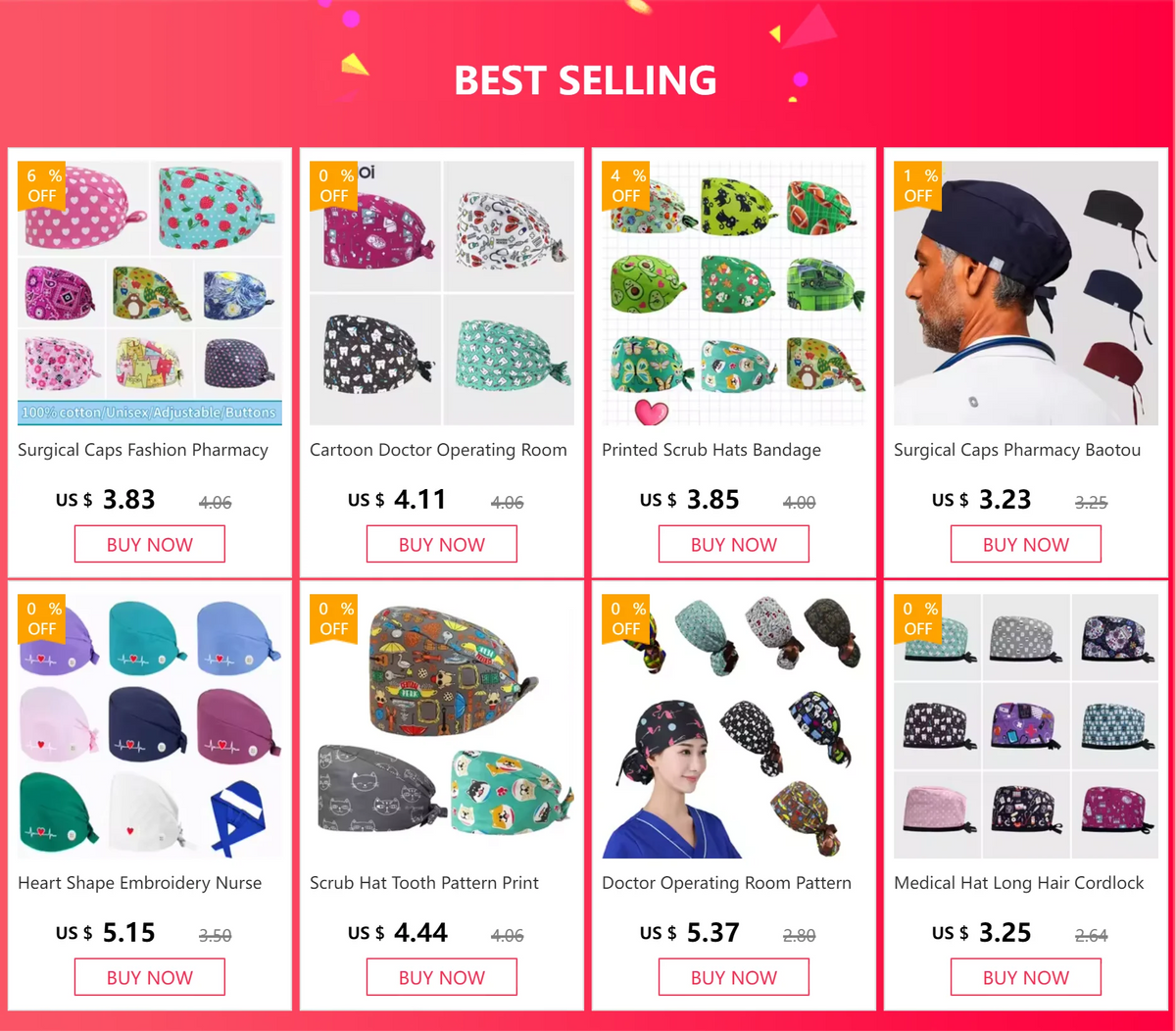 A collection of printed cotton surgical caps and related medical accessories for professionals.