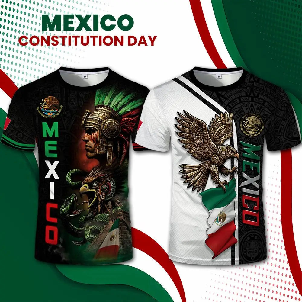 A graphic men's t-shirt celebrating Mexico Constitution Day featuring historical and national symbols.