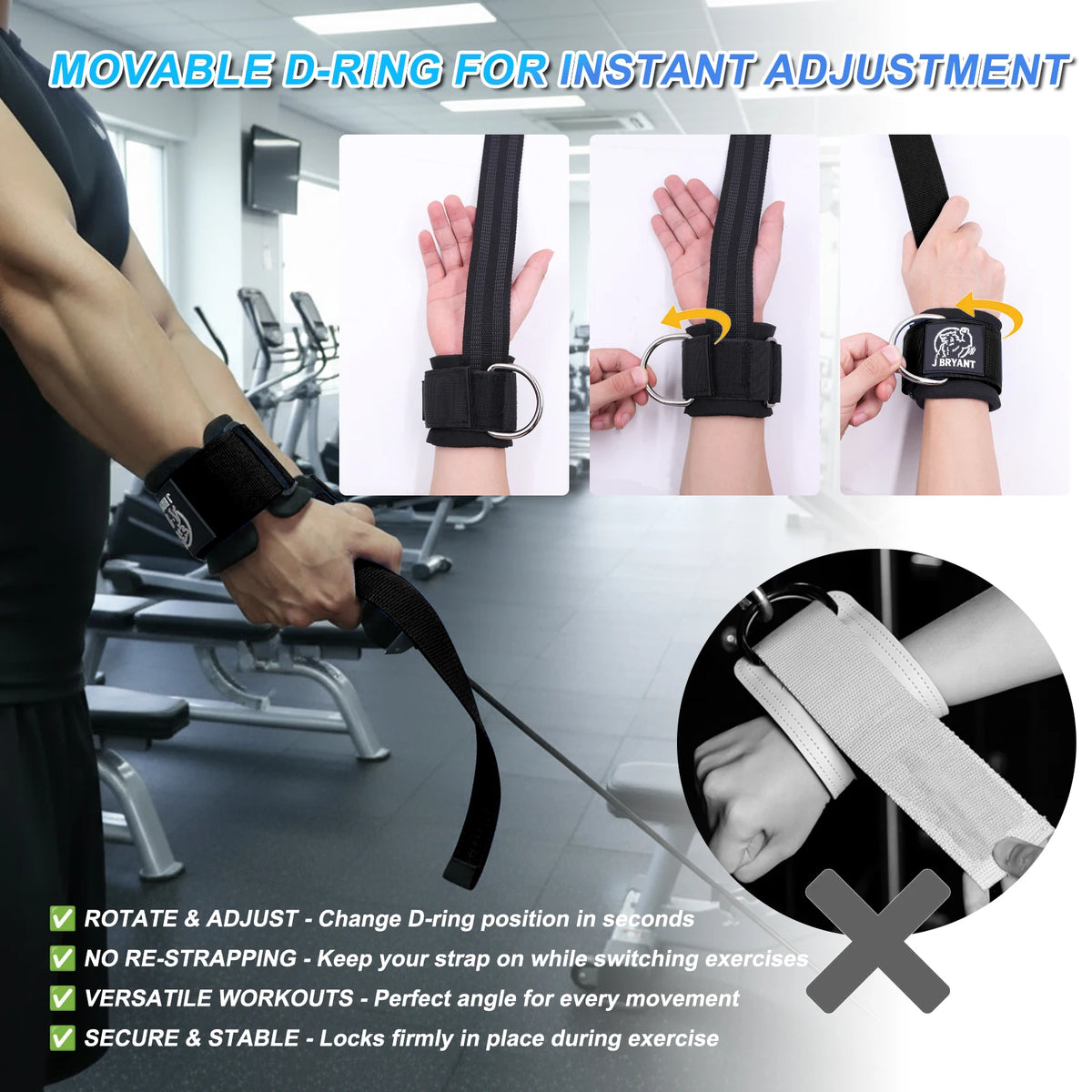 Adjustable Sliding D-Ring Wrist Cuffs for Gym Training