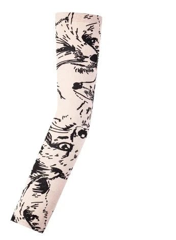 A close-up of a beige seamless tattoo sleeve for sun protection featuring black line art of a cat's face.