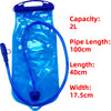 A blue waterproof backpack with a flexible hose, showing its capacity, pipe length, and dimensions.