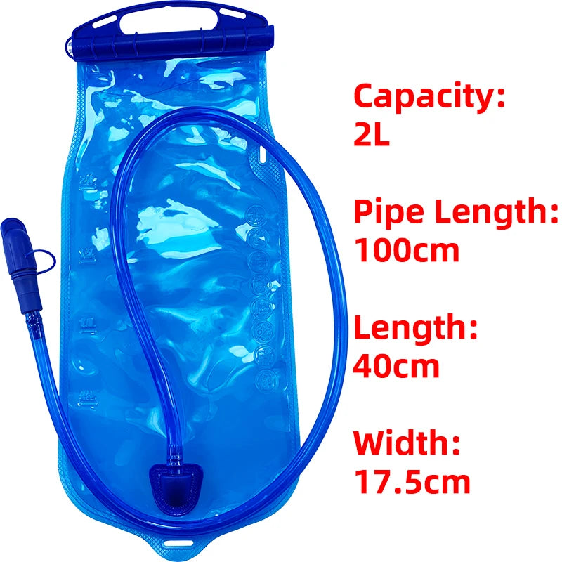 A blue waterproof backpack with a flexible hose, showing its capacity, pipe length, and dimensions.