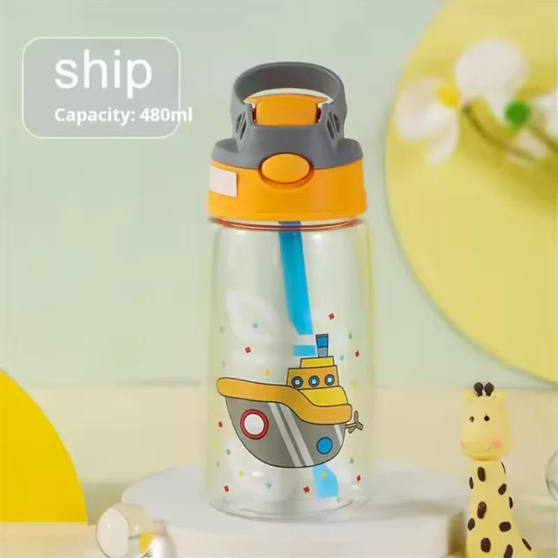 A clear plastic cartoon straw sippy water bottle featuring a yellow ship design on a light green background.
