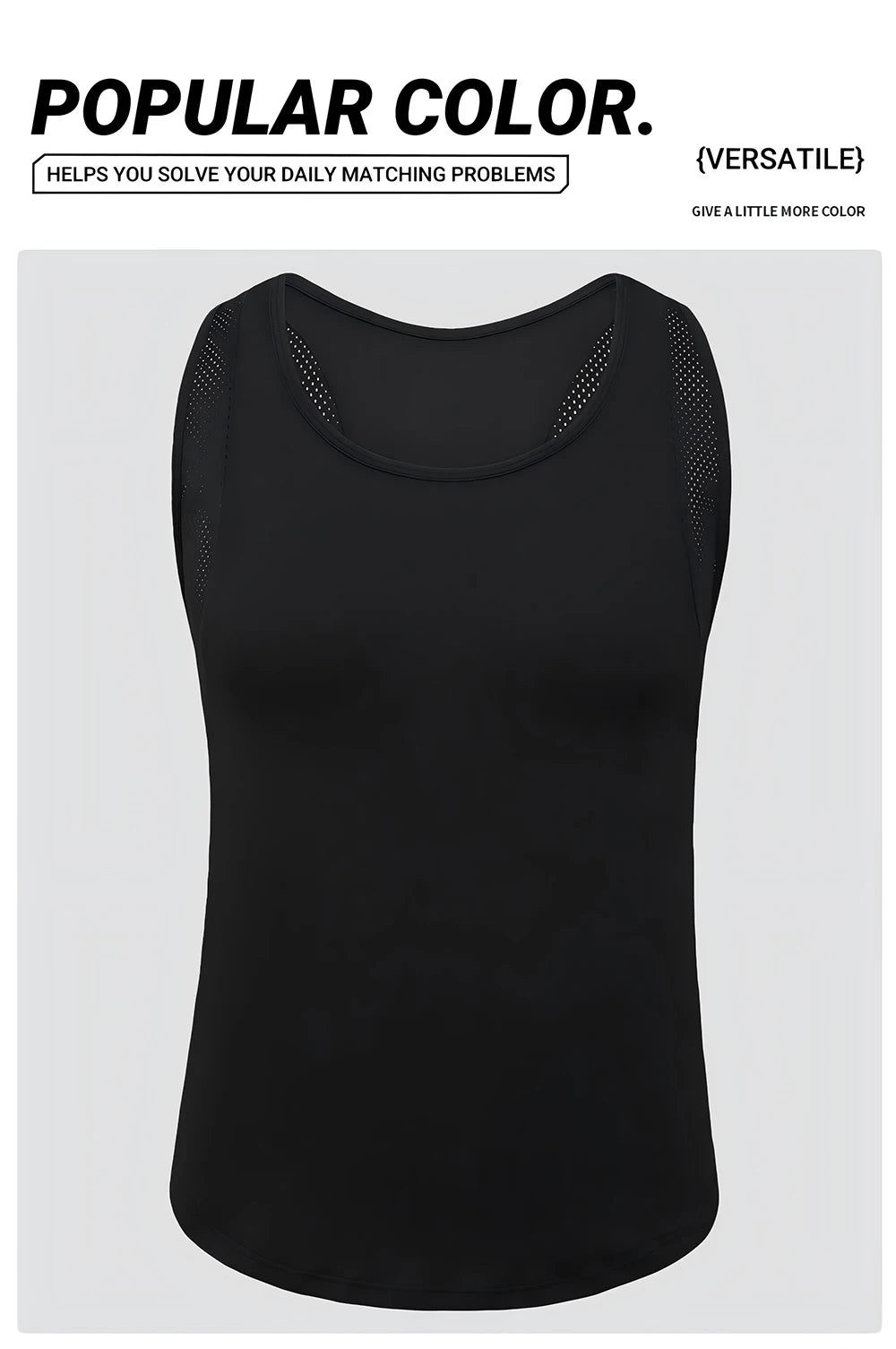Black women's breathable sport tank top shown against a light gray background.