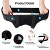 Black adjustable hernia belt shown being worn on a hand, detailing the strong sticky magic sticker, breathable design, and Ve