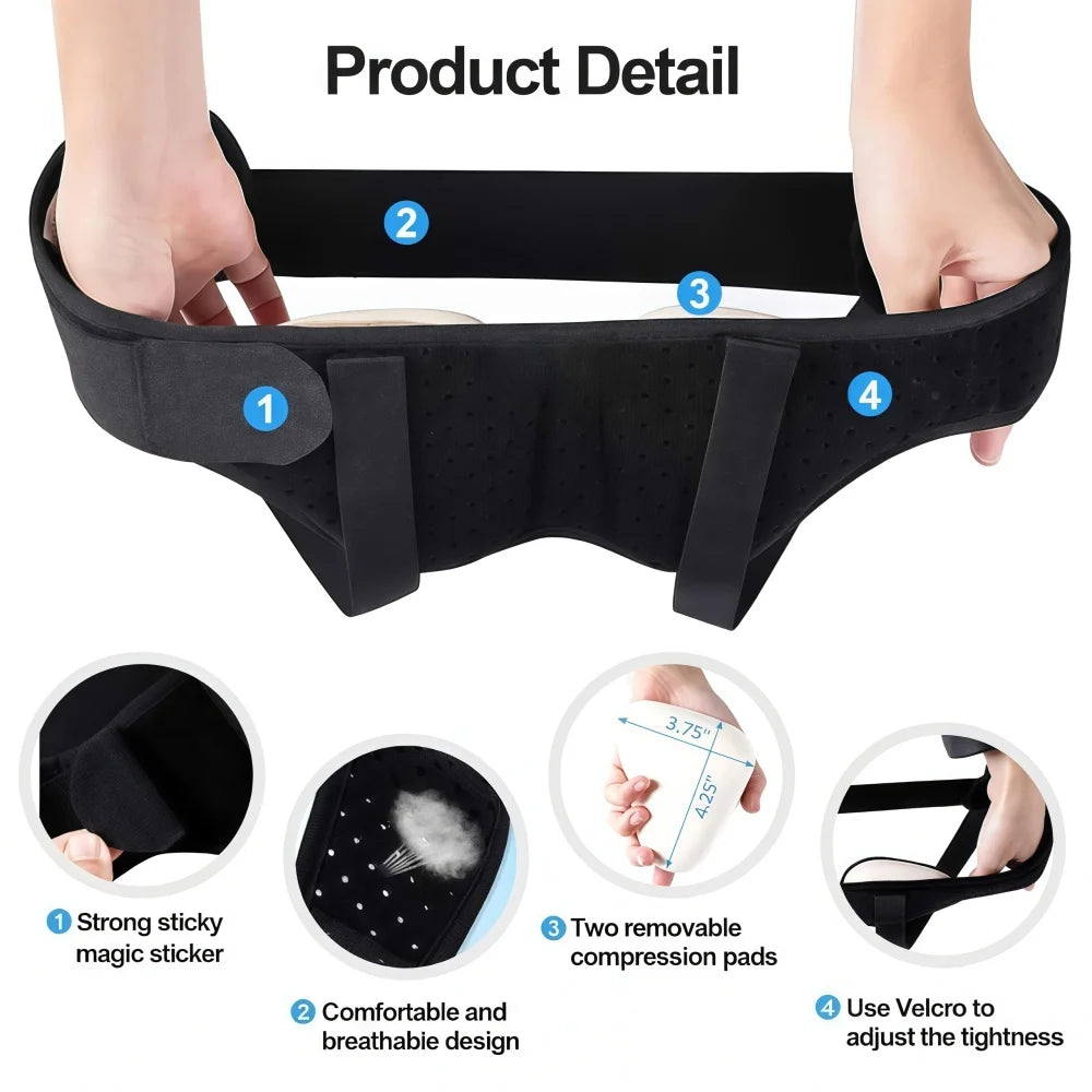 Black adjustable hernia belt shown being worn on a hand, detailing the strong sticky magic sticker, breathable design, and Ve