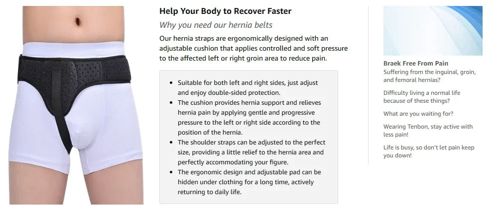 Black and white unisex hernia support belt with adjustable straps and compression pads