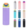 A collection of purple and pink stainless steel insulated fitness cups with straws in various colors.