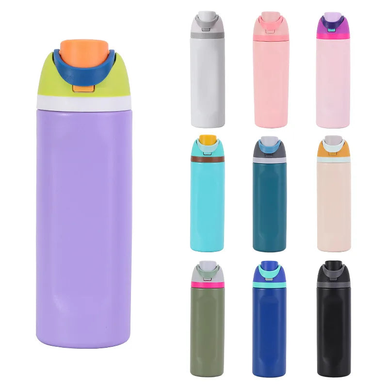 A collection of purple and pink stainless steel insulated fitness cups with straws in various colors.