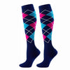 Pair of navy blue compression elastic socks with a pink and teal geometric pattern