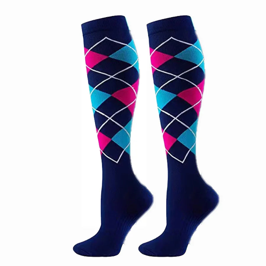 Pair of navy blue compression elastic socks with a pink and teal geometric pattern