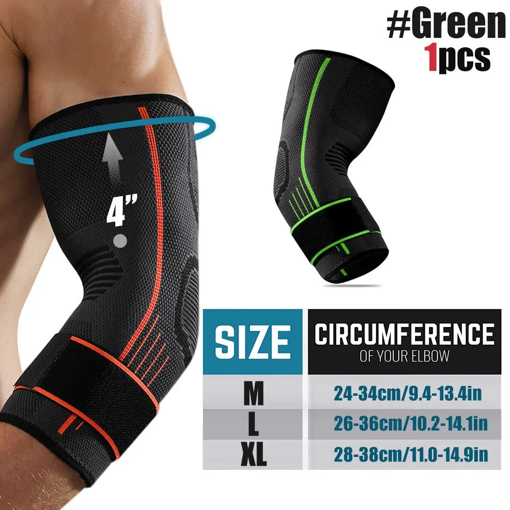 Black compression sleeve elbow support for wrist and forearm with size options M, L, XL