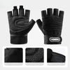 Black half finger wrist guards shown in various views for sports and fitness