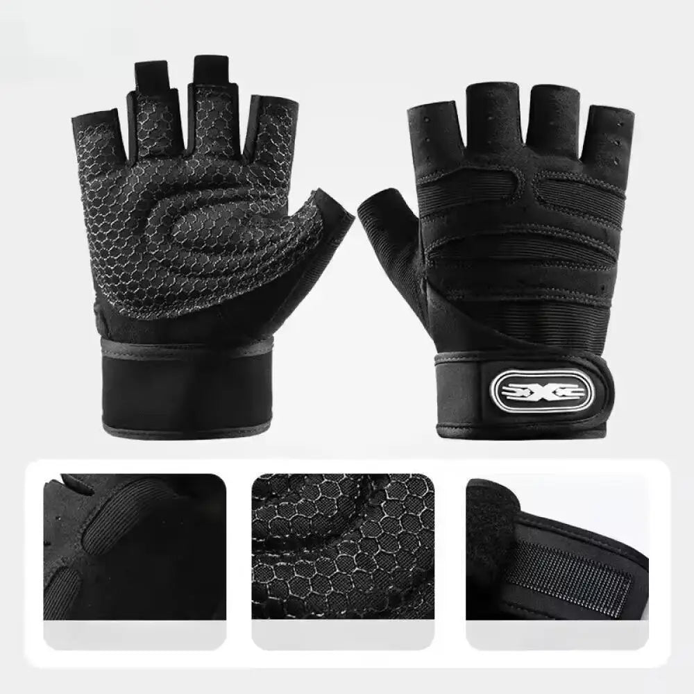 Black half finger wrist guards shown in various views for sports and fitness