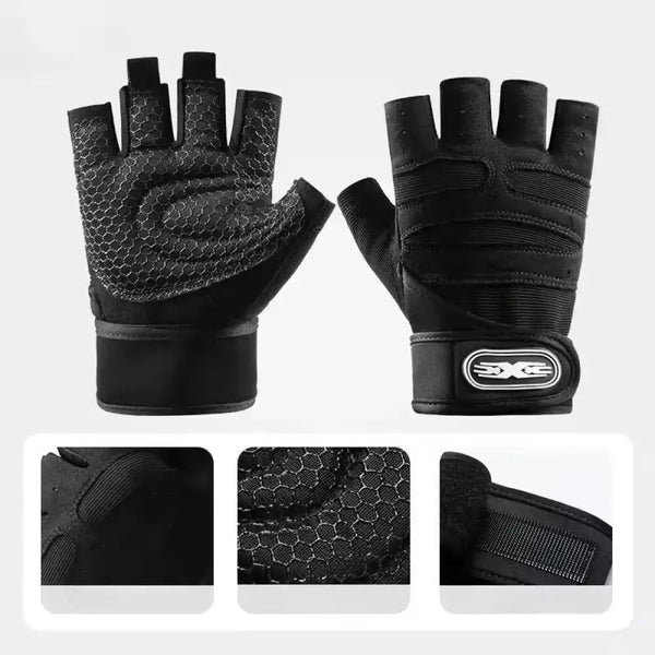 Black half finger wrist guards shown in various views for sports and fitness