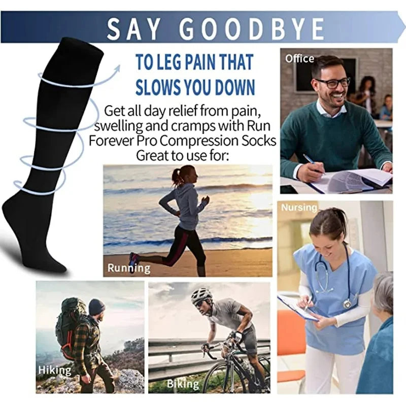 Compression socks for leg pain relief used by runners, hikers, and bikers.