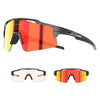 A pair of orange and yellow photochromic cycling sunglasses with black frames shown in multiple views.