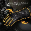 Close-up of black heated thermal gloves being used to warm the fingers on a hand.
