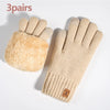 Three pairs of beige knit thermal gloves with fuzzy palms displayed on a white background.
