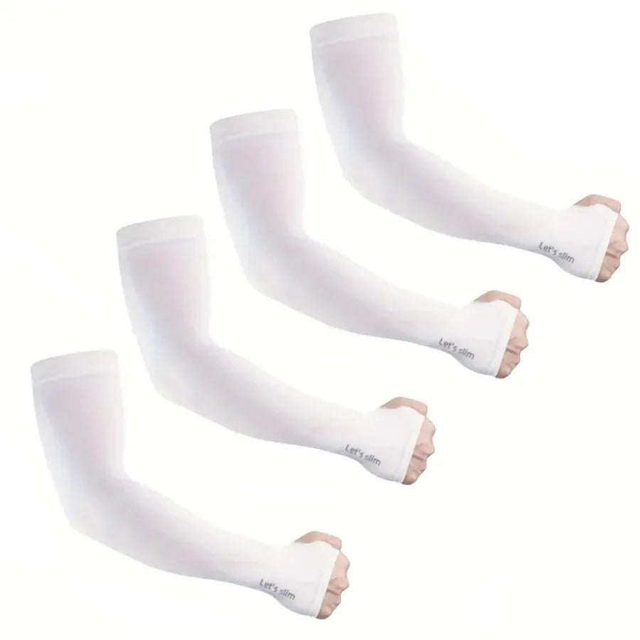 White summer ice silk sun protection arm sleeves displayed in various angles