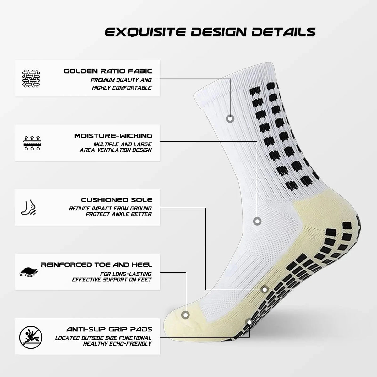 A close-up view of a white multi-sport silicone grip sock with black traction pads on the sole.