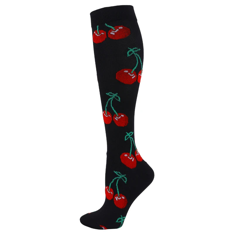 Black compression socks with red cherry designs