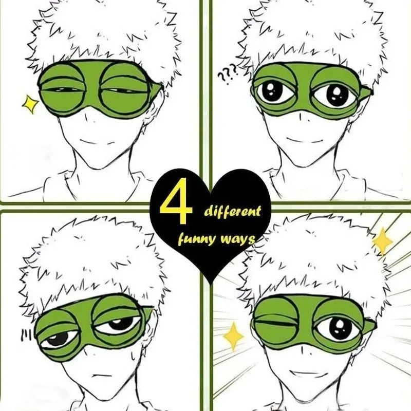 Four funny ways to use a 3D sad frog sleep eye mask on a person's face.
