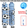 Front and back views of a light blue personalized football water bottle with an added name feature.