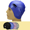 A blue silicone swimming cap is shown on a mannequin head, with other colored caps displayed below.