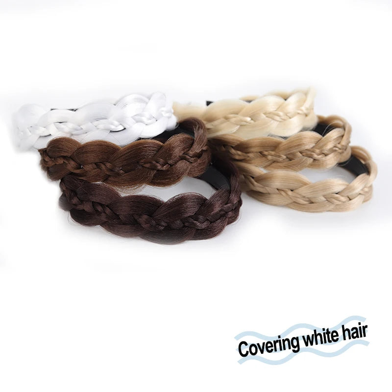 A collection of twisted braided hair accessories in white, blonde, and dark brown colors.