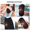 A dark red spider web patterned silicone pouch designed to hold eyeglasses, shown in various contexts.