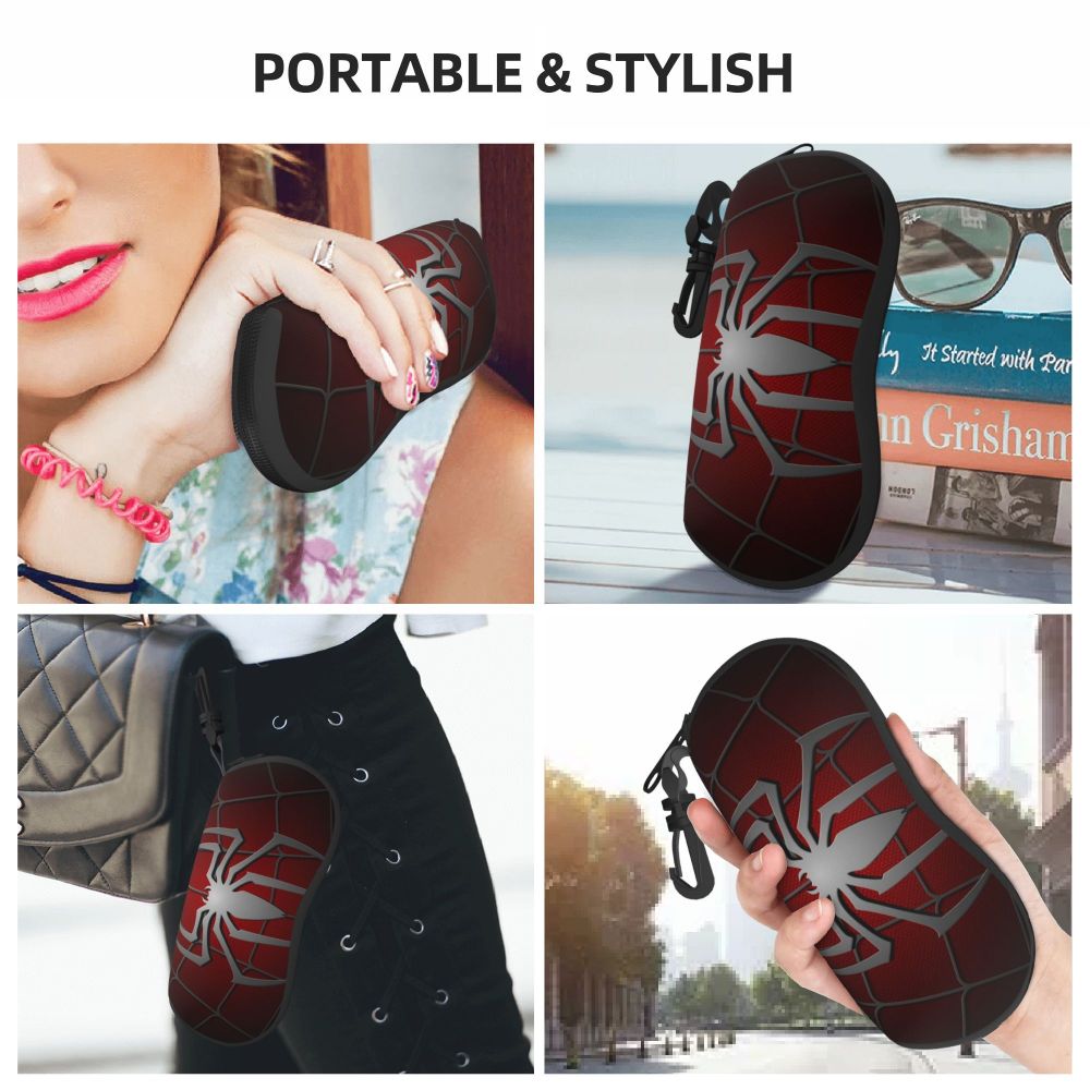 A dark red spider web patterned silicone pouch designed to hold eyeglasses, shown in various contexts.