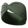 A dark olive green fabric headband tied in a large bow, shown against a dark background.