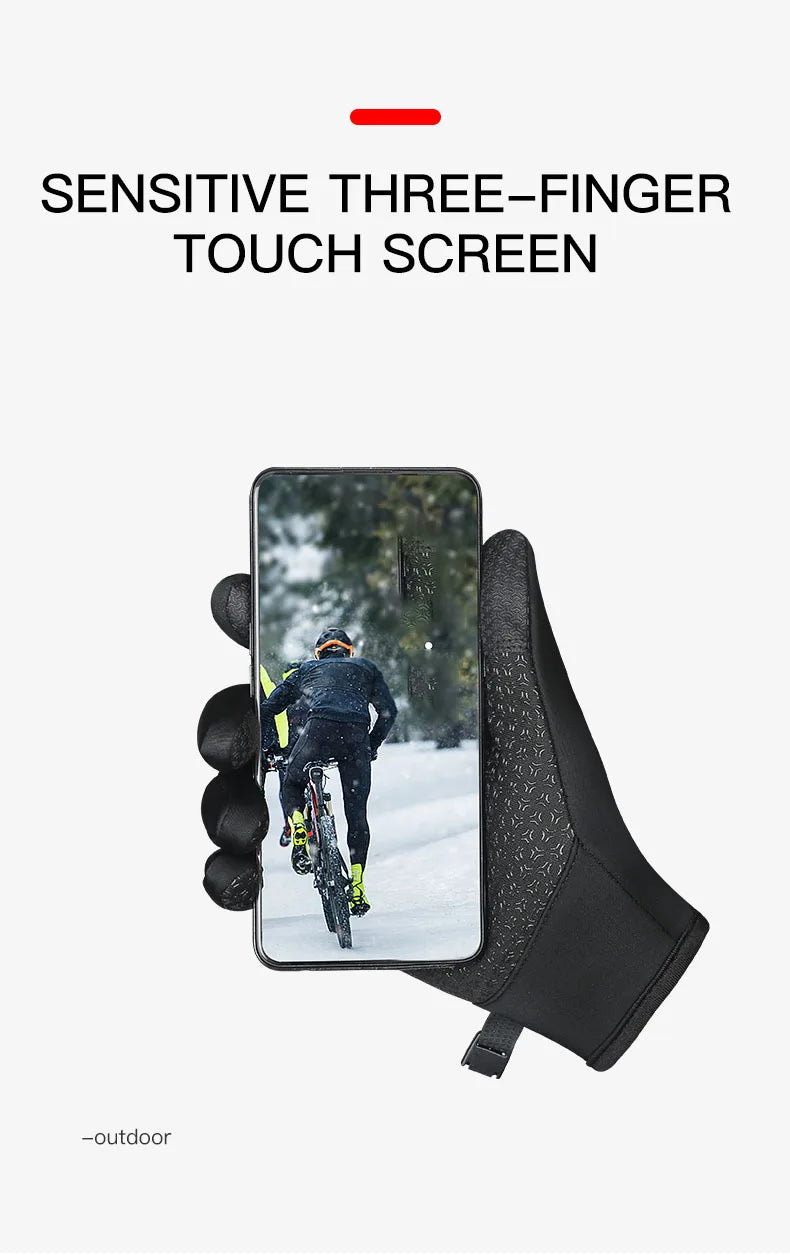 Gant noir avec écran tactile à trois doigts affichant une scène de cyclisme en extérieur.
