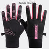 A pair of black thermal cycling and running gloves with pink accents shown against a white background.