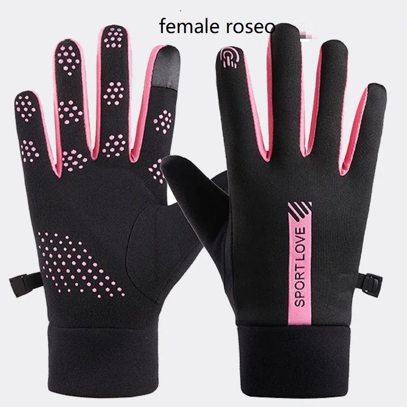A pair of black thermal cycling and running gloves with pink accents shown against a white background.