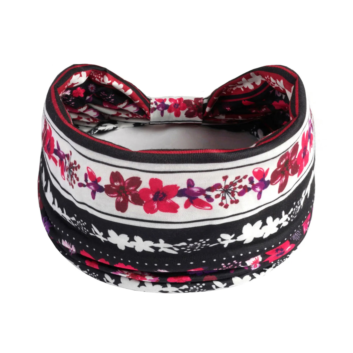 Schwarze und weiße gemusterte Baumwoll-Yoga-Haube mit rosem Blumenmuster.