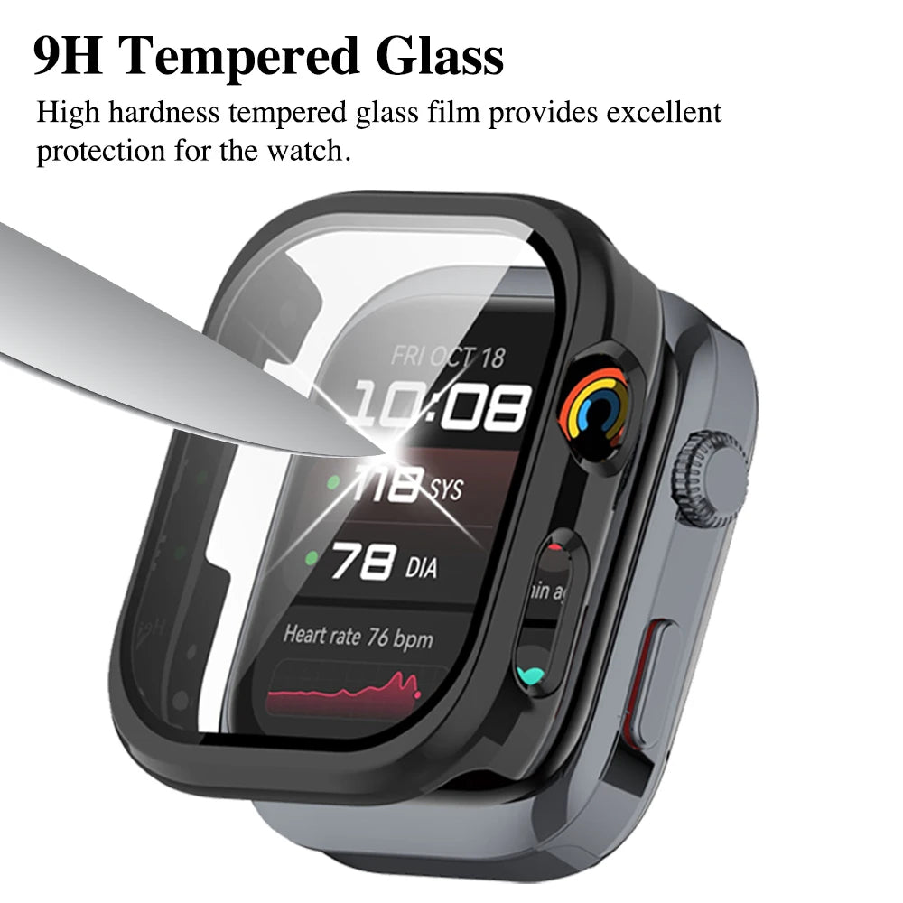 A close-up of a black smartwatch showing the time 10:08 and heart rate, with a finger touching the screen.