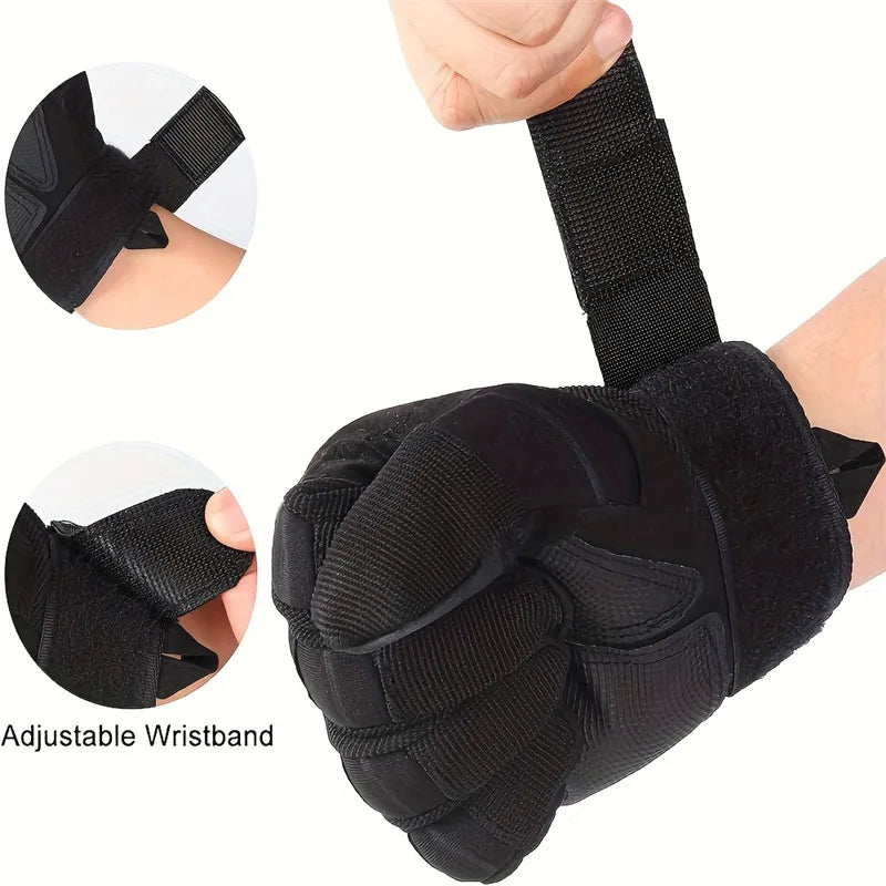 Black adjustable wristband tactical full finger outdoor gloves shown in detail