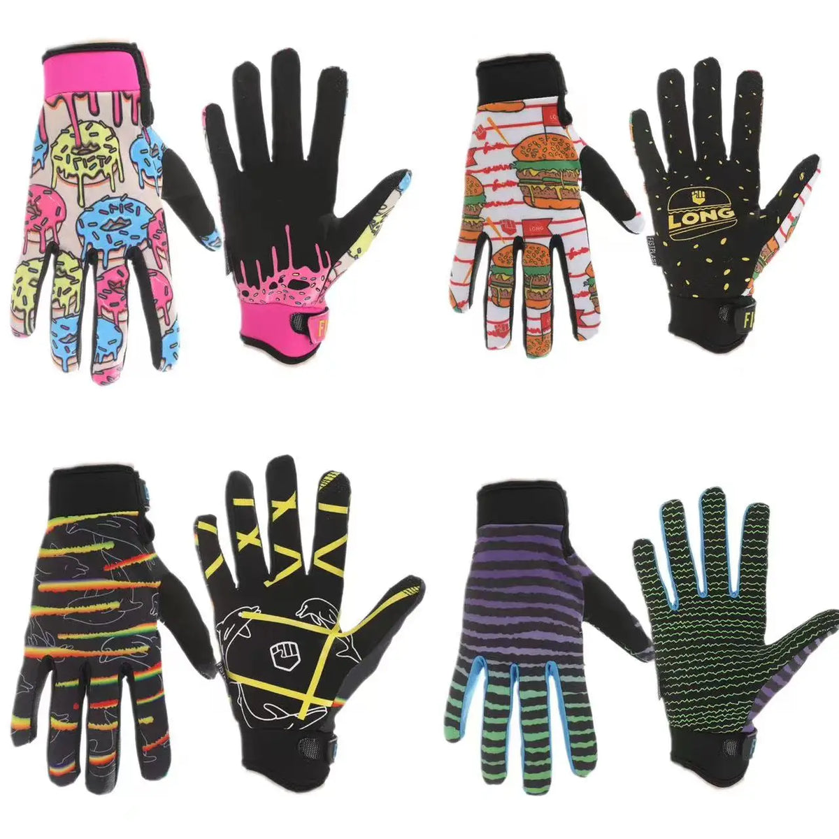 A collection of colorful and black durable motorcycle and mountain bike gloves shown in various styles.
