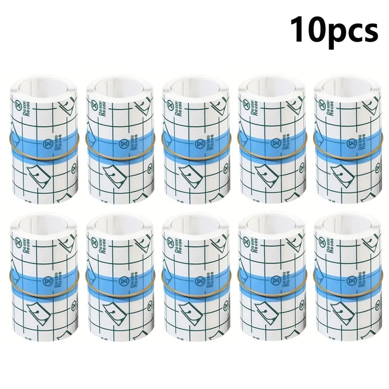 Ten rolls of transparent self-adhesive finger protection tape in blue and white checkered pattern.